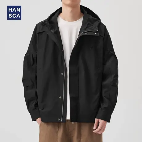 hansca轻户外防风连帽夹克男春秋季高端宽松刺绣黑色百搭工装外套商品大图
