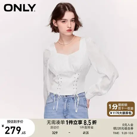 【买4免1】ONLY奥莱2023春夏新款气质法式方领收腰显瘦短款雪纺衫商品大图