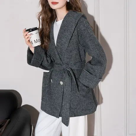 唐狮秋冬千鸟格羊毛大衣女加厚小个子女式羊绒外套高级感保暖图片