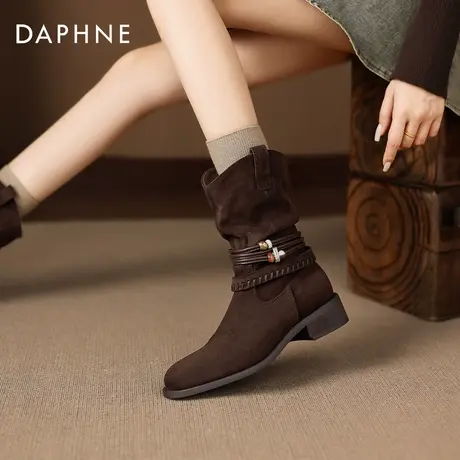 达芙妮堆堆短靴女2026新款冬季加绒美拉德棕色瘦瘦中筒牛仔骑士靴图片