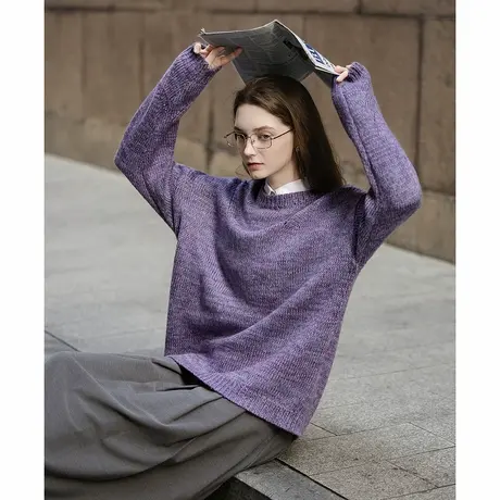 唐狮秋冬季毛衣女圆领净色紫色复古超好看花纱气质时尚毛线衫tuTA图片