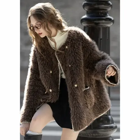 唐狮秋冬季短款厚外套女圆领撞色贝壳绣小香风毛茸茸保暖好看TMTA图片