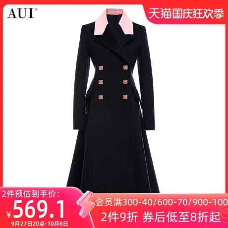 AUI黑色气质双排扣西装毛呢外套女冬2023新款高级感修身呢子大衣图片