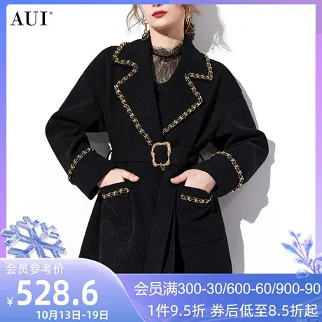 AUI黑色御姐气质小香风毛呢外套女秋冬2023新款收腰短款呢子大衣商品大图