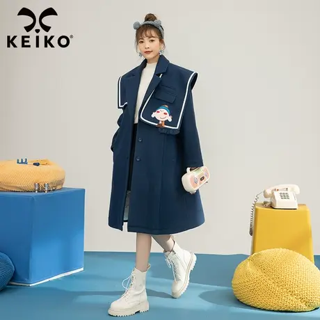 卡通印花中长款毛呢外套女夹棉加厚2021秋冬新款韩版显瘦呢子大衣商品大图