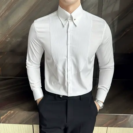 绅士商务宴会新郎婚礼正式礼服法式定型领针衬衫男长袖风琴褶衬衣商品大图