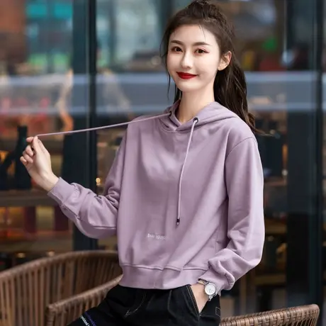 连帽卫衣女春秋外套2023新款带帽宽松加绒紫色休闲小个子短款上衣图片