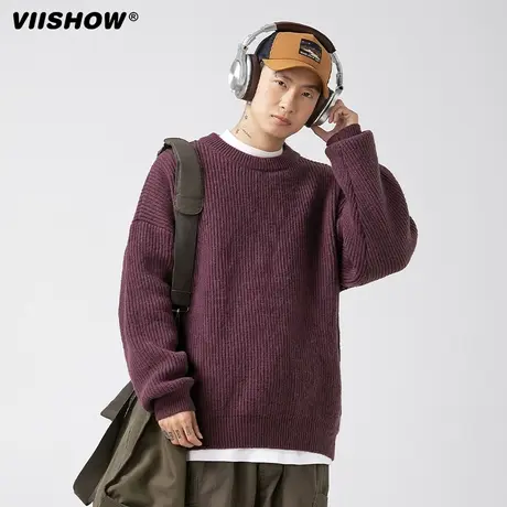 VIISHOW复古圆领毛衣男秋冬季新款潮牌宽松慵懒感休闲打底针织衫商品大图