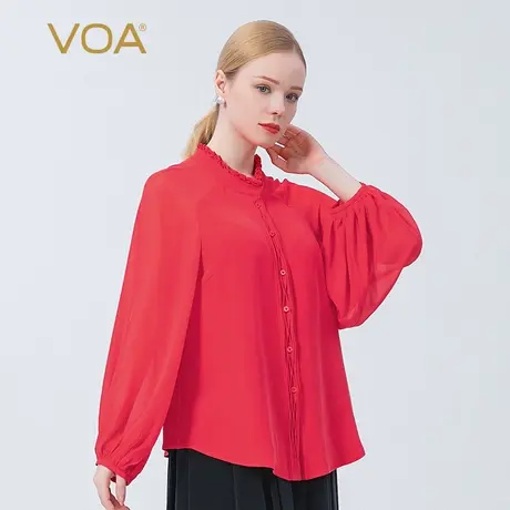 VOA真丝30姆米重磅红色木耳边圆领单排扣绑带褶皱拼接桑蚕丝衬衫图片