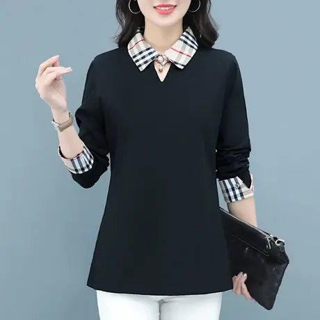 恋上17号中长款长袖翻领薄款t恤女2023新款中年妈妈装假两件纯棉图片