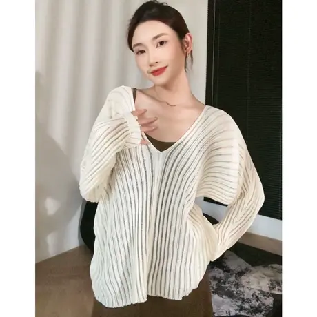 尔给v领勾花镂空针织衫女2023新款夏季薄款外搭罩衫慵懒风上衣商品大图