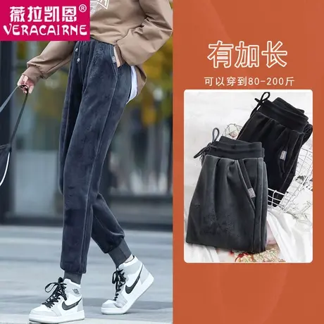 加长金丝绒运动裤女ins潮秋冬加绒大码休闲高腰宽松束脚显瘦卫裤商品大图