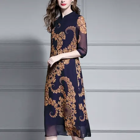 【1件7.9折】夏装新品时尚宽松中长裙简约印花雪纺连衣裙图片