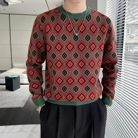 2023年冬季新款轻熟民族风提花毛衣男潮牌宽松加厚毛线针织打底衫商品大图