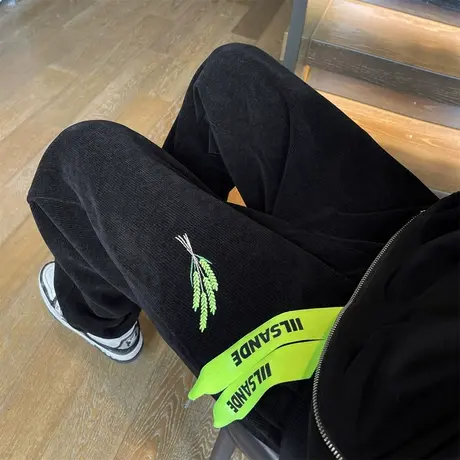oversize美式刺绣灯芯绒裤子男春秋季大码运动休闲潮牌宽松束脚裤商品大图