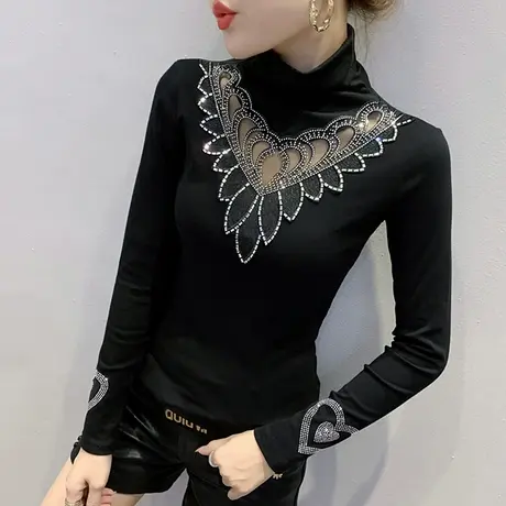 加绒打底衫女秋冬时尚烫钻长袖T恤性感镂空小衫洋气紧身内搭上衣商品大图