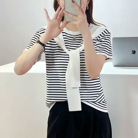 2023夏季新款韩版宽松条纹拼接披肩短袖圆领T恤针织衫女毛衣上衣图片
