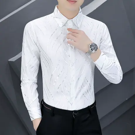 男士长袖衬衫夏季薄款秋季寸衣发型师潮牌修身韩版白色衬衣服男装商品大图