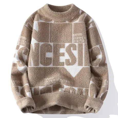 半高领软糯毛衣男潮牌冬季打底衫休闲宽松字母提花内搭针织毛线衣商品大图