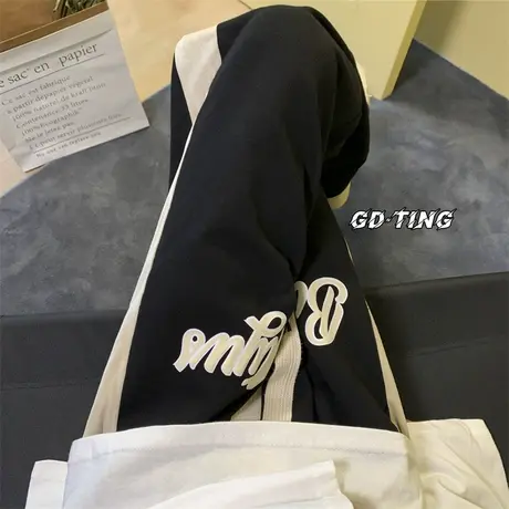 休闲裤男宽松潮流春秋条纹拼接直筒运动裤港风字母印花拖地卫裤子商品大图