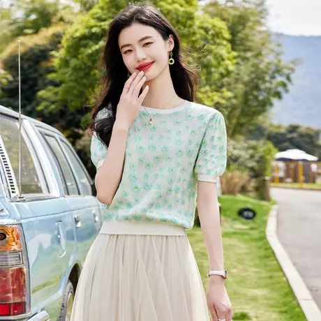 时尚短袖圆领针织衫2023年夏季新款淑女温柔甜美显瘦通勤上衣商品大图
