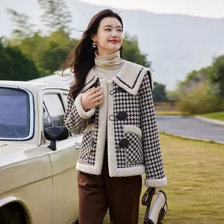 时尚毛呢外套2023年冬季新款女百搭翻领减龄千鸟格短款加厚上衣商品大图