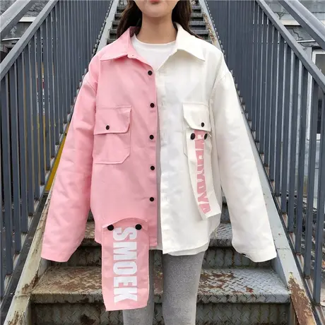秋季韩版BF风宽松撞色字母拼接夹克中长款长袖牛仔开衫上衣外套女商品大图