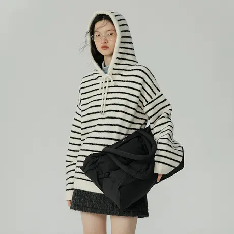 omont蛋挞家 连帽条纹毛衣女春秋款2023新款宽松软糯针织卫衣上衣商品大图