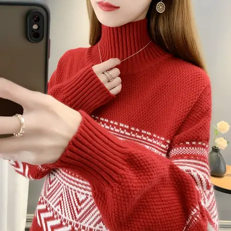 半高领毛衣秋装女2023年新款套头提花慵懒风复古针织打底衫女上衣商品大图