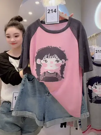 拼色插肩袖卡通冰丝t恤女可爱减龄麻花辫女孩短袖宽松套头上衣洋商品大图