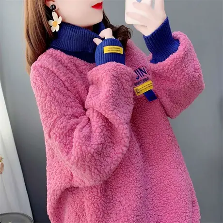 加绒加厚高领卫衣外套女2024新款秋冬羊羔绒慵懒风宽松设计感上衣商品大图