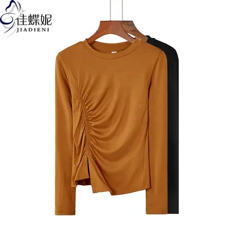 早春韩版修身抽褶纯色长袖百搭体恤驼色显瘦纯棉内搭上衣打底衫女商品大图