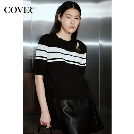 COVER夏季伊力特条纹肩部镂空针织衫图片