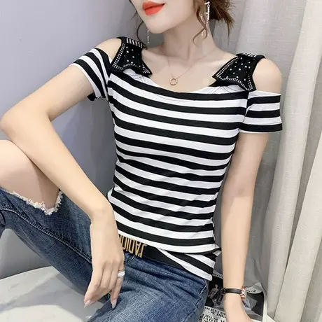 性感一字领女装欧货时尚条纹T恤短袖气质露肩小衫显瘦修身上衣夏商品大图