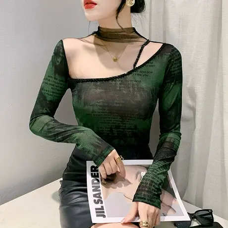 性感镂空烫钻拼接上衣气质扎染印花半高领T恤女长袖洋气修身小衫图片