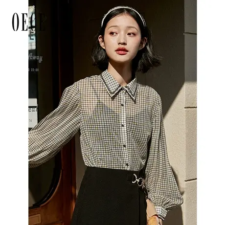 Oece格子衬衫女士设计感小众秋新款印花气质长袖上衣商品大图