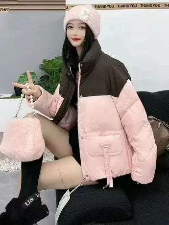 撞色立领羽绒服短款外套女冬季2023新款宽松小个子白鸭绒面包服潮商品大图