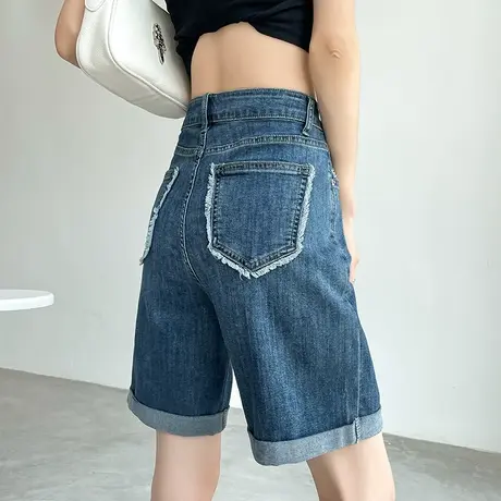五分牛仔短裤女夏季薄款卷边高腰显瘦5分宽松阔腿中裤甜酷男友风商品大图