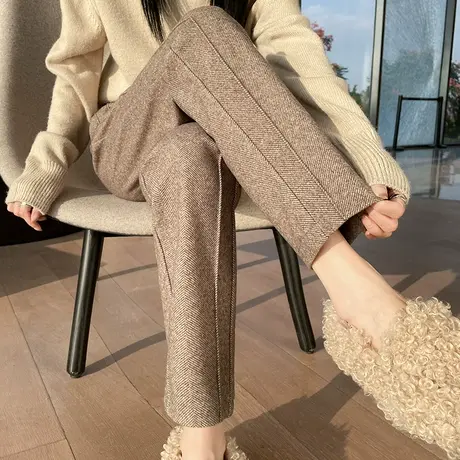 毛呢直筒西装裤女2023秋冬新款高腰宽松显瘦小个子加绒九分烟管裤图片