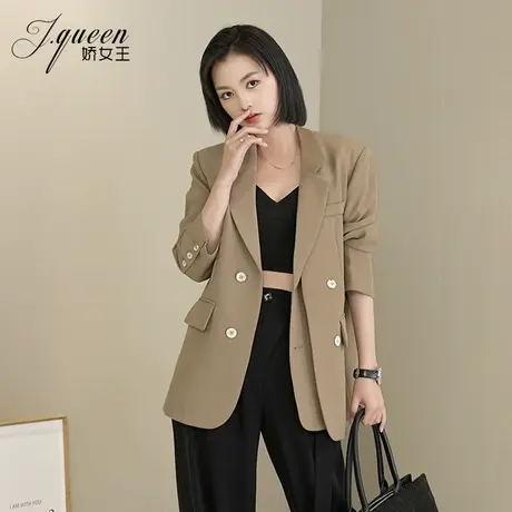 西装外套女士秋季小众设计感假两件垫肩宽松休闲卡其色廓形小西服商品大图
