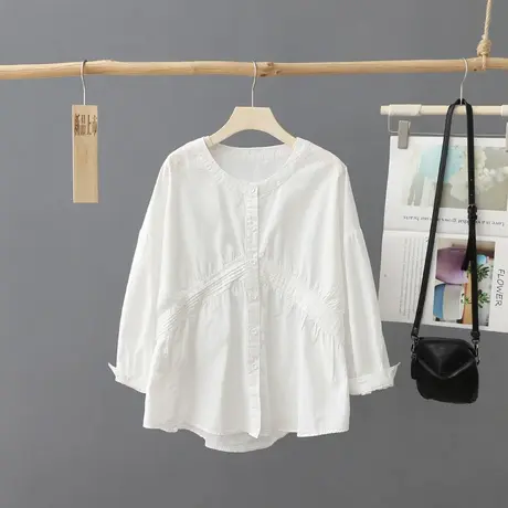 小众长袖圆领纯色衬衫女2024年秋装新款宽松洋气气质衬衣女装上衣图片