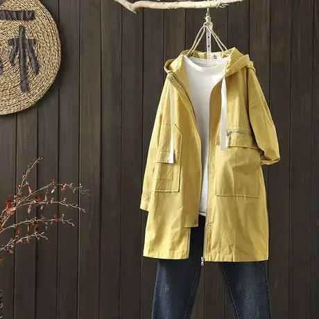 枫谜20年秋装新款文艺简约中长款连帽风衣女韩版休闲口袋外套上衣商品大图