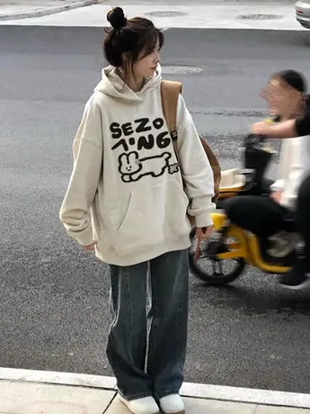 美式复古oversize潮牌卫衣女2023春秋薄款宽松上衣慵懒风连帽外套商品大图