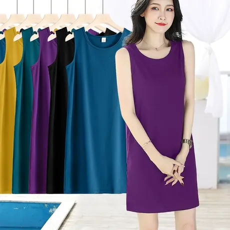 螺纹宽松直筒连衣裙女士夏季中长款无袖圆领背心裙显瘦遮肚子百搭图片