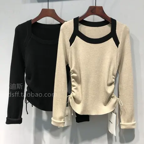 2023秋装新款修身显瘦双侧抽绳设计感小众方领长袖针织衫女套头商品大图