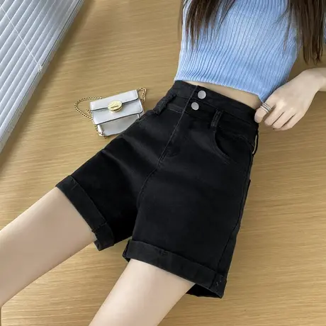 牛仔短裤女夏季薄款2023新款超高腰黑色百搭a字显瘦宽松阔腿热裤图片