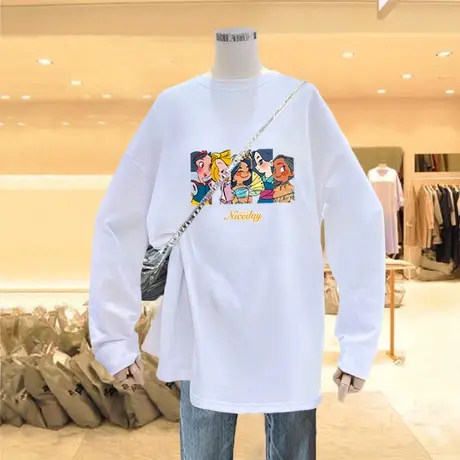 美式复古卡通长袖t恤女大码ins潮牌秋装宽松欧美chic别致白色上衣商品大图