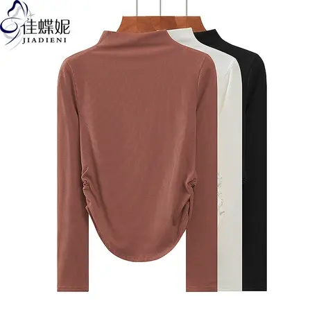 秋冬新款半高领圆弧纯欲螺纹纯棉纯色褶皱长袖体恤上衣女装打底衫商品大图