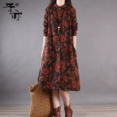 子亦2023秋季新款花色大码单排扣长袖休闲衬衫裙图片