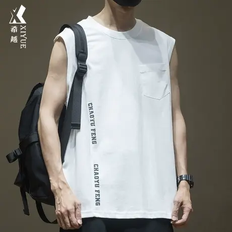希越胸前拼接贴袋无袖t恤男背心夏季侧摆字母印花宽松大码纯棉t潮商品大图